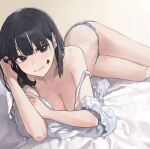  1girl bangs bare_shoulders black_hair blue_panties breasts brown_eyes cleavage collarbone commentary_request earrings facial_mark highres indoors jewelry large_breasts looking_at_viewer lying mac_star medium_hair on_bed on_side original panties parted_lips partially_undressed shirt smile solo star_(symbol) star_facial_mark underwear white_shirt 
