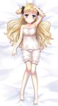  1girl arm_above_head bed_sheet black_bow blonde_hair bloomers blue_eyes blush bow chemise emilico_(shadows_house) feet hair_bow highres kuroniwa legs long_hair looking_at_viewer lying nightgown on_back shadows_house solo underwear white_bloomers white_nightgown 