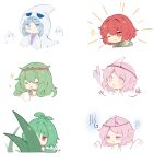  5others :t adagumo_no_saragimaru androgynous bangs black_shirt blue_eyes blue_hair chibi chinese_commentary closed_eyes commentary_request flower fujiwara_no_iyozane ghost gloom_(expression) green_hair green_jacket hand_up happy highres holding holding_notepad holding_pencil hood hood_up jacket japanese_clothes jian_xing_zao kimono len&#039;en light_blue_hair long_hair long_sleeves multiple_others no_mouth no_nose notepad one_eye_closed open_clothes open_jacket open_mouth pencil pink_eyes pink_hair purple_kimono red_eyes red_hair shion_(len&#039;en) shirt shitodo_hooaka short_hair simple_background sleeves_past_fingers sleeves_past_wrists smile sparkle sparkling_eyes tail taira_no_fumikado tearing_up thumbs_up triangular_headpiece white_background white_shirt 