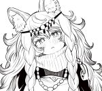  1girl :&lt; animal_ear_fluff animal_ears arknights bangs blush bokiboki333 braid closed_mouth commentary_request dress greyscale hair_between_eyes highres leopard_ears long_hair looking_at_viewer monochrome pramanix_(arknights) simple_background solo turtleneck_dress twin_braids upper_body white_background 