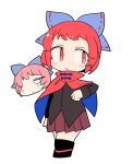  1girl black_footwear black_shirt blue_bow blush boots bow brown_skirt cloak closed_mouth full_body hair_bow ini_(inunabe00) long_sleeves pleated_skirt red_cloak red_eyes red_hair sekibanki shirt short_hair simple_background skirt solo touhou white_background 