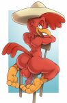  2022 anthro anus avian balls beak bedroom_eyes bird butt chicken clothing disney feathers galliform gallus_(genus) genitals gobanire hat headgear headwear hi_res looking_at_viewer looking_back looking_back_at_viewer male narrowed_eyes open_beak open_mouth orange_beak orange_feet panchito_pistoles penis phasianid red_body red_feathers seductive solo tail_feathers the_three_caballeros 