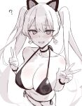  1girl ? animal_ears bikini breasts cat_ears choker cleavage double_v earrings fake_animal_ears from_above highres jewelry large_breasts long_hair monochrome open_mouth original sketch solo standing susinoyama swimsuit symbol-shaped_pupils twintails v very_long_hair 
