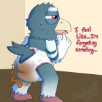  anthro avian beak bird columbid dialogue diaper diaper_fetish diaper_only digital_media_(artwork) english_text feathers feces full_diaper hair hi_res male messy messy_diaper onomatopoeia open_mouth padding pigeon scat shadyadi1 soiled soiled_diaper soiling solo sound_effects text 