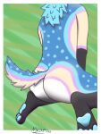  absurd_res anthro blue_body blue_fur butt canid canine fox-deer fur hi_res kneeling looking_away male mammal miku_(mikufoxx) mikufoxx pawpads presenting presenting_hindquarters simple_background solo 