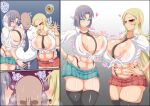  act_senpai asymmetrical_docking blonde_hair blue_eyes bow breast_press breasts come_hither curvy enjo_kouhai grey_hair hair_ornament hairclip highres huge_breasts large_breasts long_hair mature_male multiple_girls navel nipples plump red_eyes salaryman senran_kagura senran_kagura_estival_versus senran_kagura_shinovi_versus shiki_(senran_kagura) shirt short_hair simple_background skirt smile socks uniform white_bow white_shirt yumi_(senran_kagura) 