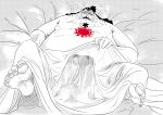  2022 bedding belly big_belly biped blanket blush bodily_fluids clothed clothing erection erection_under_clothing feet fish-men_(one_piece) hi_res jinbe konnybee male marine moobs one_piece overweight overweight_male solo sweat 