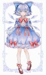  1girl adapted_costume blue_bow blue_dress blue_eyes blue_hair bow bowtie cirno dress embellished_costume frills full_body hair_bow hourai_kiriri ice ice_wings looking_at_viewer puffy_sleeves red_bow shoes short_hair socks solo standing touhou white_socks wings 