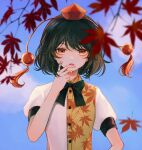  1girl autumn_leaves bangs black_bow black_bowtie black_hair blue_sky bow bowtie branch brown_eyes buttons cloud cloudy_sky collared_shirt grey_shirt hair_between_eyes hand_on_own_face hand_up hat hourai_kiriri leaf leaf_print looking_away open_mouth pom_pom_(clothes) puffy_short_sleeves puffy_sleeves red_headwear shameimaru_aya shirt short_hair short_sleeves sky solo tokin_hat touhou upper_body 