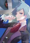  1boy bangs blue_background blue_eyes blurry collared_shirt commentary_request grey_hair hand_up highres jacket jewelry looking_at_viewer male_focus metagross necktie parted_lips pokemon pokemon_(creature) pokemon_(game) pokemon_oras red_necktie ring shirt short_hair sparkle ssn_(sasa8u9r) steven_stone upper_body vest white_shirt 
