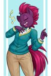  5_fingers anthro anthrofied bottomwear bow_tie broken_horn clothing dstears equid equine eye_scar eyes_closed facial_scar female fingers friendship_is_magic gradient_background hair hasbro hi_res horn humanoid_hands mammal musical_note my_little_pony my_little_pony:_the_movie_(2017) open_mouth open_smile pants pink_hair pink_tail purple_body scar simple_background singing smile solo standing suit tempest_shadow_(mlp) unicorn 