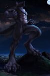  4_toes 5_fingers abs allandox anthro canid canine city claws cloud ear_piercing feet finger_claws fingers giga hi_res howl landscape landscape_dwarfing light macro male mammal moon moonlight mountain muscular muscular_anthro muscular_male night open_mouth paws pecs piercing solo star toe_claws toes 