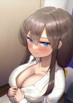  1girl blue_eyes blush breasts brown_hair cleavage closed_mouth collarbone collared_shirt from_above from_side hair_between_eyes indoors jitome large_breasts light_frown long_hair long_sleeves looking_at_viewer low-tied_long_hair maku_ro naked_shirt no_bra original partially_unbuttoned shiny shiny_hair shirt sidelocks sideways_glance undressing upper_body white_shirt wing_collar 