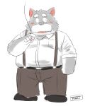  2022 anthro blush bottomwear canid canine canis clothing facial_hair grey_body kemono male mammal mature_male mustache overweight overweight_male pants shirt smoking solo suspenders topwear toshi_(artist) wolf 