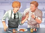  2boys bangs black_necktie blonde_hair blue_eyes bread bread_slice chainsaw_man chef_uniform commentary denji_(chainsaw_man) food gordon_ramsay grey_apron hands_up hell&#039;s_kitchen highres index_finger_raised indoors knife lem male_focus multiple_boys necktie plate real_life shadow sharp_teeth shirt short_hair symbol-only_commentary teeth upper_body watch white_shirt wristwatch 