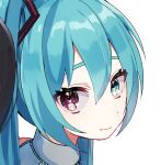  1girl aqua_eyes aqua_hair aqua_theme bangs closed_mouth collared_shirt commentary eyebrows_hidden_by_hair eyelashes_visible_through_hair grey_shirt hair_between_eyes hatsune_miku heterochromia highres kusunokimizuha light_smile long_hair looking_at_viewer looking_back pink_eyes portrait shirt simple_background solo symbol-only_commentary twintails vocaloid white_background 