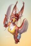  2022 5_fingers anthro avian beak breasts clothed clothing digital_media_(artwork) feathered_wings feathers female fingers gryphon hair looking_at_viewer mythological_avian mythology ravoilie smile solo wings 