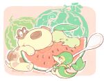  2016 chikorita closed_eyes closed_mouth dated eating food fruit half-closed_eyes heart hippopotas holding holding_spoon katiko no_humans pink_eyes pokemon pokemon_(creature) smile snivy spoken_heart spoon twitter_username watermelon watermelon_slice 