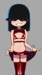  1girl bikini black_hair chi-iz clothes_lift detached_sleeves flat_chest grey_background grin hair_over_eyes lucy_loud micro_bikini nail_polish navel short_hair skirt skirt_lift smile swimsuit the_loud_house thighhighs 