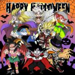  6+boys cape child colored_skin demon_boy dougi dragon_ball dragon_ball_(classic) fantasy ghost graveyard halloween_costume halo happy_halloween hat highres hitodama holding holding_staff jack-o&#039;-lantern looking_at_viewer male_child male_focus mamo_(t2006rs) multiple_boys muscular muscular_child red_eyes silk son_goku spider_web staff super_saiyan tongue tongue_out top_hat vampire witch_hat 