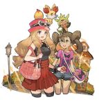  2girls bag blonde_hair brown_hair chespin dark-skinned_female dark_skin fennekin handbag hat lamppost multiple_girls on_head pokemon pokemon_(creature) pokemon_(game) pokemon_on_head pokemon_xy red_skirt serena_(pokemon) shauna_(pokemon) short_shorts shorts skirt sleeveless smile starshadowmagician twintails 