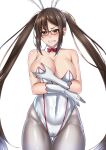  1girl akuta_hinako alternate_costume animal_ears black-framed_eyewear bow bowtie breasts brown_eyes brown_hair cameltoe covered_navel cowboy_shot detached_collar earrings fake_animal_ears fate/grand_order fate_(series) glasses gloves grabbing_own_breast grey_pantyhose hairband highleg highleg_leotard highres jewelry large_breasts lc_7v2 leotard long_hair multiple_earrings pantyhose playboy_bunny rabbit_ears red_bow red_bowtie simple_background solo standing strapless strapless_leotard twintails very_long_hair white_background white_gloves white_hairband white_leotard 