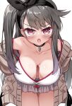  1girl :o azur_lane bent_over blush breasts camisole cardigan choker cleavage collarbone downblouse grey_hair hairband hands_on_hips highres large_breasts long_hair mikage_(shibi) open_cardigan open_clothes pamiat_merkuria_(azur_lane) pamiat_merkuria_(sweet_cherry_memories)_(azur_lane) pendant_choker pink_eyes shorts side_ponytail simple_background solo strap_slip v-shaped_eyebrows white_background 