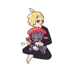  1boy bangs barefoot black_pants black_shirt blonde_hair blush commentary_request daifuku_(pokefuka_art) dated ear_piercing gladion_(pokemon) green_eyes hair_over_one_eye male_focus on_lap pants piercing pokemon pokemon_(creature) pokemon_(game) pokemon_on_lap pokemon_sm shirt short_hair simple_background sitting sweatdrop weavile white_background 