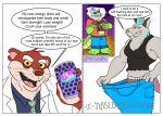  2022 alligator alligatorid anthro beverage bottomwear brok_(character) brok_the_investigator can clothing comic container crocodilian dart_(brok_the_investigator) dialogue dr._mink english_text green_body grey_body hi_res humanoid_hands male mammal mink murid murine mustelid musteline necktie pants rat reptile rodent scalie shirt text topwear translated true_musteline video_games yikesaroni 