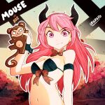 1girl animal artist_name black_bra black_wrist_cuffs bow bra breasts hand_up holding holding_animal horns ironmouse looking_at_viewer navel pink_eyes pink_hair raised_eyebrows red_bow small_breasts solo srgrafo underwear upper_body vshojo wrist_cuffs 