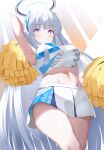  1girl absurdres armpits blue_archive breasts cheerleader closed_mouth cosplay crop_top darudana grey_hair halo hibiki_(blue_archive) hibiki_(cheerleader)_(blue_archive) hibiki_(cheerleader)_(blue_archive)_(cosplay) highres large_breasts light_smile long_hair looking_at_viewer midriff miniskirt noa_(blue_archive) pom_pom_(clothes) purple_eyes shirt simple_background skirt solo very_long_hair white_background white_shirt white_skirt 