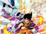  2boys black_eyes black_hair blonde_hair bruise bruise_on_face clenched_hands clenched_teeth collarbone commentary_request cooler_(dragon_ball) dougi dragon_ball dragon_ball_z dual_persona fifth_form_(dragon_ball) fire green_eyes highres injury male_focus multiple_boys muscular muscular_male pectorals son_goku tail teeth topless_male wai_(y48754085) wristband 