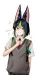  1boy animal_ear_fluff animal_ears backpack bag black_hair closed_mouth fox_boy fox_ears genshin_impact green_eyes green_hair green_pants highres male_focus multicolored_hair necktie pants red_necktie satomemaru school_uniform shirt shoulder_bag smile solo sweater_vest tighnari_(genshin_impact) white_shirt 