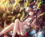  1girl absurdres bangs bare_shoulders blush braid breasts brown_hair cleavage dress duel_monster frown gradient_eyes highres low_twin_braids medium_breasts monster_girl multicolored_eyes navel panties pantyshot plant plant_girl ponytail red_eyes sitting traptrix_dionaea twin_braids underwear unisenpai venus_flytrap white_dress white_panties yellow_eyes yu-gi-oh! 