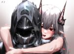  1girl 1other absurdres arknights bare_arms bare_shoulders blush doctor_(arknights) gradient gradient_background grey_background grey_hair highres hood hood_up horns hug hug_from_behind long_hair mask mudrock_(arknights) open_mouth red_eyes steaming_body sweatdrop upper_body white_background yuukiey 