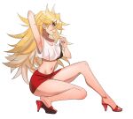  1girl absurdres armpits bare_arms bare_legs black_bra blonde_hair blue_eyes bra breasts collarbone curled_fingers english_commentary full_body high_heels highres kiritzugu looking_at_viewer navel panty_&amp;_stocking_with_garterbelt panty_(psg) red_footwear red_nails red_skirt shirt simple_background skirt sleeveless sleeveless_shirt solo squatting tank_top underwear white_background white_shirt 