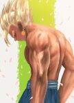  1boy absurdres alto_(natsusansai) blonde_hair closed_eyes dragon_ball dragon_ball_z earrings from_side frown head_down highres jewelry male_focus muscular muscular_male petals potara_earrings solo super_saiyan super_saiyan_1 topless_male upper_body vegetto 