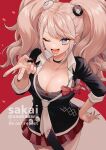  1girl :d ;d bangs bear_hair_ornament blonde_hair blue_eyes bow breasts cleavage collarbone commentary_request danganronpa:_trigger_happy_havoc danganronpa_(series) enoshima_junko hair_ornament highres large_breasts long_hair looking_at_viewer miniskirt nail_polish necktie one_eye_closed red_bow red_nails sakai_(motomei) school_uniform shirt skirt sleeves_rolled_up smile solo twintails v 