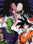  3boys adjusting_belt antennae armor black_eyes black_hair colored_skin dougi dragon_ball dragon_ball_z evil_smile frown green_skin highres male_focus multiple_boys piccolo_daimaou pointy_ears raditz scouter serious shoulder_armor smile son_goku wai_(y48754085) 