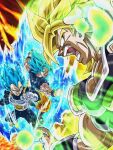  3boys arm_guards armor aura blank_eyes broly_(dragon_ball_super) dougi dragon_ball dragon_ball_super dragon_ball_super_broly fighting_stance gloves grin highres male_focus molten_rock multiple_boys muscular muscular_male open_mouth scar scar_on_cheek scar_on_face smile son_goku super_saiyan super_saiyan_blue torn_clothes vegeta wai_(y48754085) white_gloves 