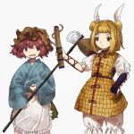  1girl 1other androgynous armor bangs blonde_hair crossover double_bun hair_bun hair_ribbon haniwa_(statue) helmet highres holding japanese_clothes joutouguu_mayumi katano_sukune katano_sukune&#039;s_bottle_opener len&#039;en puffy_short_sleeves puffy_sleeves red_eyes red_hair retrochaossan ribbon short_hair short_sleeves stage_connection touhou trait_connection vambraces 