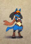  anthro black_body black_fur blue_body blue_fur brown_scarf chest_spike clothing colored_sketch crossed_arms eyewear eyewear_on_head full-length_portrait fur generation_4_pokemon glistening glistening_eyes goggles goggles_on_head hi_res legwear looking_at_viewer lucario male mouth_closed mylafox nintendo orange_eyes pokemon pokemon_(species) portrait scarf simple_background sketch solo spikes spikes_(anatomy) standing text url video_games yellow_body yellow_fur 