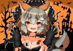  1girl animal_costume animal_ear_fluff animal_ears bare_shoulders bat_(animal) breasts cleavage coroha extra_ears fox_ears fox_girl fox_tail gloves grey_hair halloween halloween_costume hat island_fox_(kemono_friends) kemono_friends kemono_friends_v_project large_breasts long_hair looking_at_viewer multicolored_hair open_mouth orange_hair ribbon solo tail virtual_youtuber yellow_eyes 