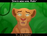  blauehexe dialogue disney fangs felid female fluffy_fur greenery hypnosis leaf lion looking_ahead mammal mind_control nala open_mouth pantherine pink_nose portrait solo spittle the_lion_king 
