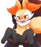  1girl 1other animal_ear_fluff animal_ears animal_feet animal_hands animal_nose black_fur blush body_fur braixen breasts carrying claws commentary embarrassed fang flat_chest fox_ears fox_girl fox_tail fur_collar furry furry_female highres legs looking_down multicolored_fur no_pussy nose_blush open_mouth pokemon pokemon_(creature) ragu_(apricolor) red_eyes sideways_mouth simple_background small_breasts snout solo_focus spread_legs standing tail thick_thighs thighs wavy_mouth white_background white_fur wide-eyed yellow_fur zoroark 