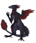  absurd_res animal_genitalia anthro avian avian_caruncle balls beak belly black_body black_feathers black_scales black_talons cackling-beast city_of_nodd clawed_wings dewlap_(anatomy) eye_bags fangs feathered_crest feathered_wings feathers fully_sheathed genitals grey_belly grey_body grey_skin head_crest hi_res looking_at_viewer male markings monster ravel red_body red_feathers scales sheath skin_folds solo striped_markings striped_tail stripes tail_feathers tail_markings toothed_beak wattle wings yellow_eyes 