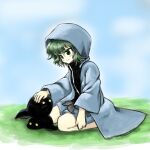  1other androgynous anmita_(rarutos) green_eyes green_hair headpat highres hood hooded_jacket hoodie jacket len&#039;en necktie puffy_pants shitodo_aoji short_hair shorts sitting smile solo tadpole wariza 