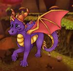 activision belly cackling-beast dorsal_frill dragon fangs feral frill_(anatomy) hi_res horn legend_of_spyro looking_up male membrane_(anatomy) membranous_wings pawpads pink_pawpads purple_eyes scalie screencap screencap_background solo spots spyro spyro_the_dragon video_games western_dragon wings yellow_belly young 