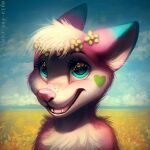  1:1 anthro blue_body blue_eyes blue_fur blue_sky bust_portrait chest_tuft cloud facial_markings fangs female fur glistening glistening_eyes green_markings hair head_markings markings meadow mylafox nude open_mouth open_smile outside pink_body pink_fur pink_nose pink_tongue portrait shoulder_tuft sky smile solo species_request text tongue tuft url white_body white_fur white_hair 