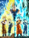  3boys absurdres adjusting_clothes adjusting_gloves armor aura black_bodysuit bodysuit boots clenched_hands clenched_teeth dougi dragon_ball dragon_ball_super dragon_ball_z dual_persona electricity film_grain frown gloves halo highres male_focus multiple_boys muscular muscular_male serious smile son_goku split_screen super_saiyan super_saiyan_1 super_saiyan_blue symmetry teeth vegeta vegetto wai_(y48754085) white_footwear white_gloves 